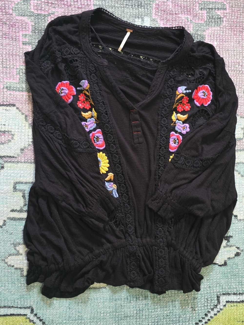 Free People Black Embroidered Boho Tunic with Multicolor Florals